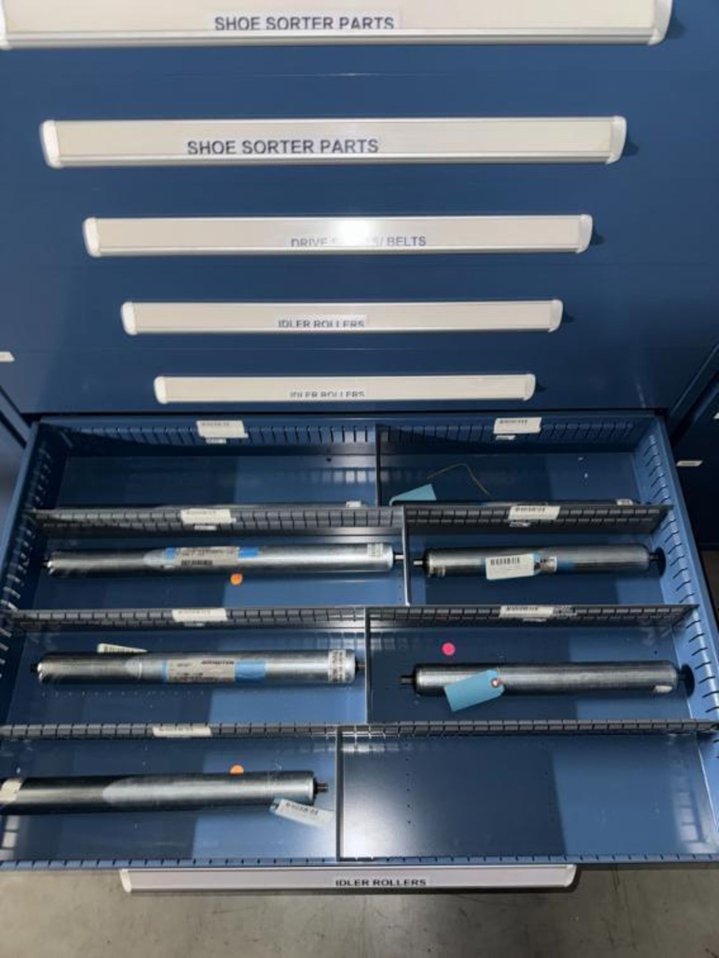 contents of 8) drawers- shoe sorter parts- drive shafts, belts, - Image 6 of 8