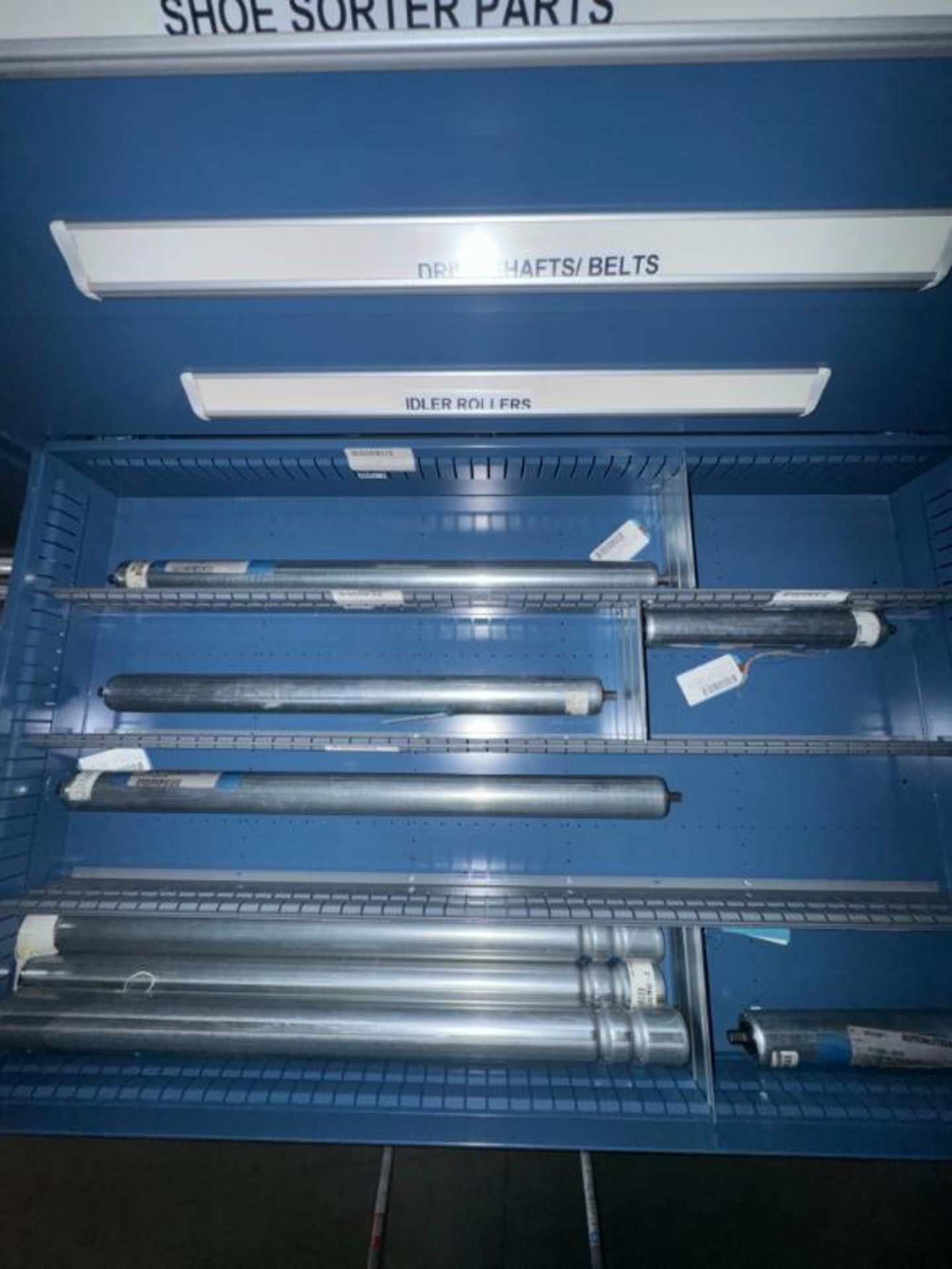 contents of 8) drawers- shoe sorter parts- drive shafts, belts, - Image 5 of 8