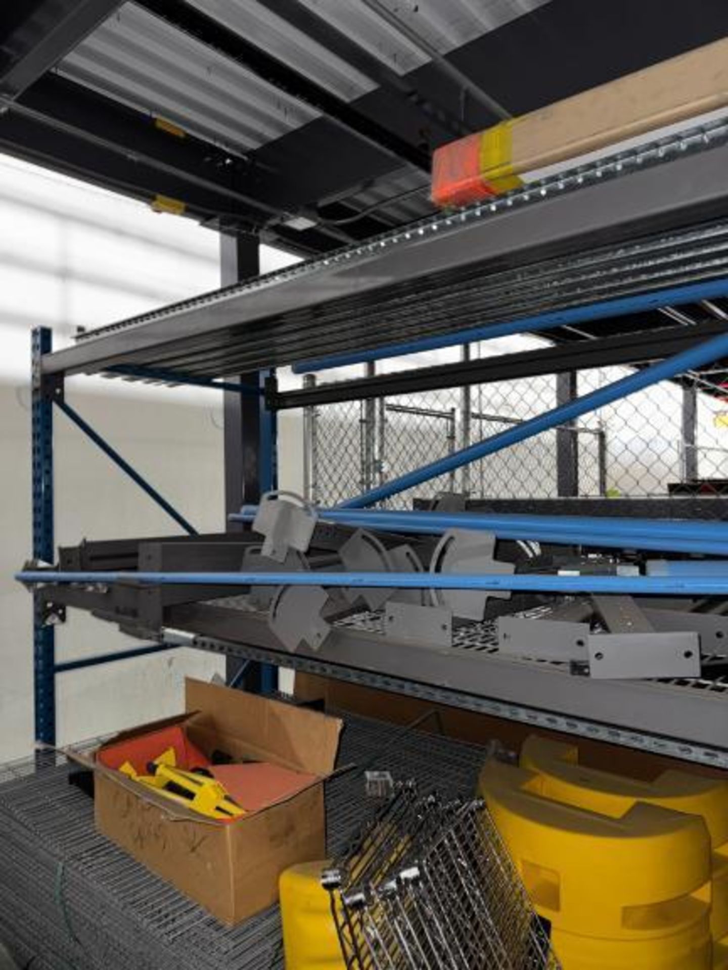pallet racking, 4) sections, w/ contents- roller conveyor, shoe sorter parts, - Image 7 of 11