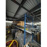 pallet racking, 4) sections, w/ contents- roller conveyor, shoe sorter parts,