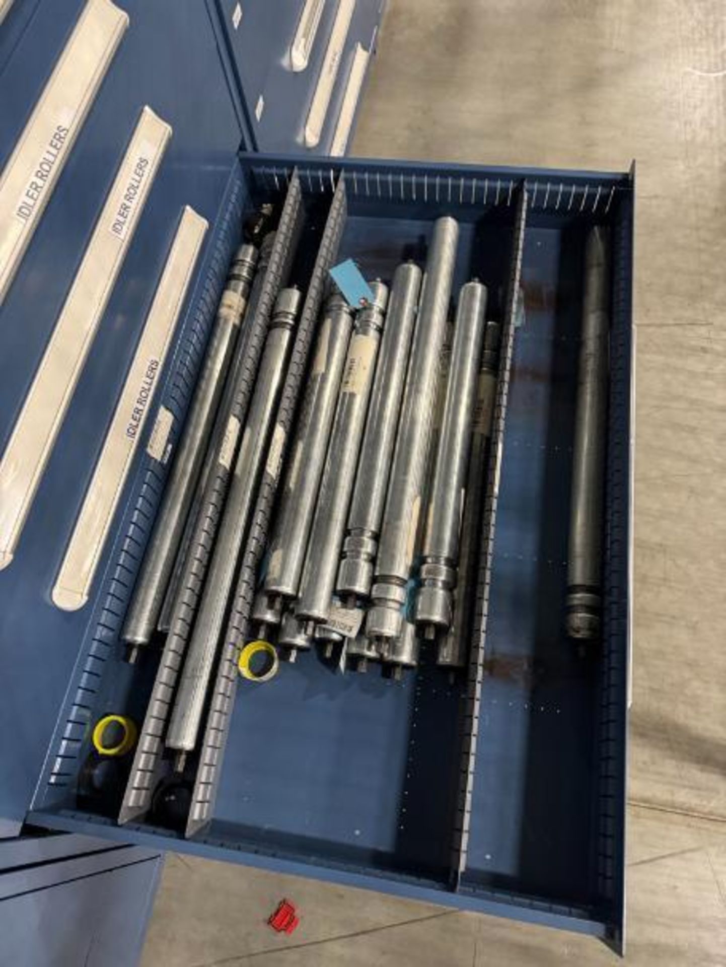 contents of 9) drawers- conveyor parts, idler rollers, belts, - Image 9 of 11