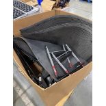 crate of 2-step stools, floor pads, brooms & dustpans