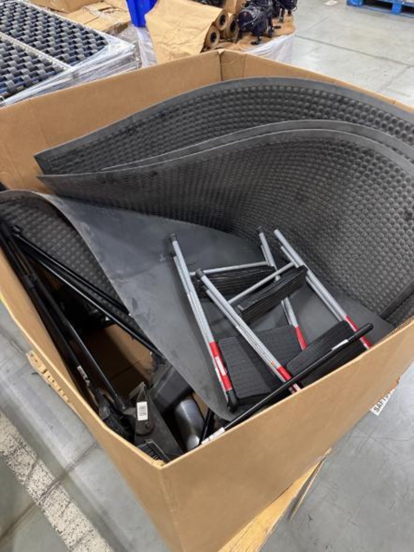 crate of 2-step stools, floor pads, brooms & dustpans