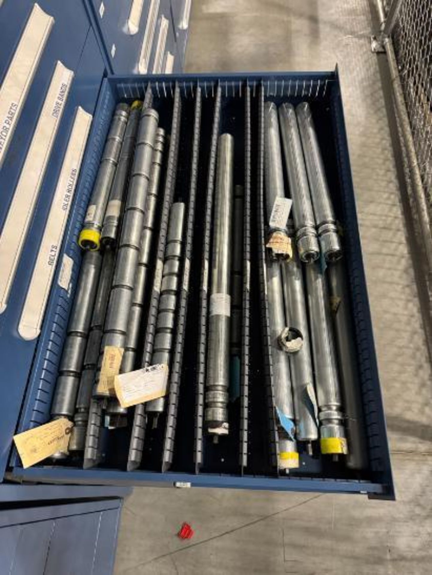 contents of 9) drawers- conveyor parts, idler rollers, belts, - Image 7 of 11