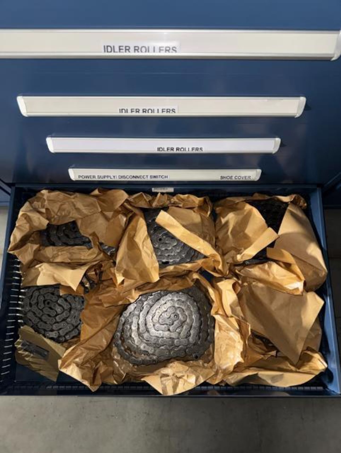 contents of 8) drawers- shoe sorter parts- drive shafts, belts, - Image 8 of 8