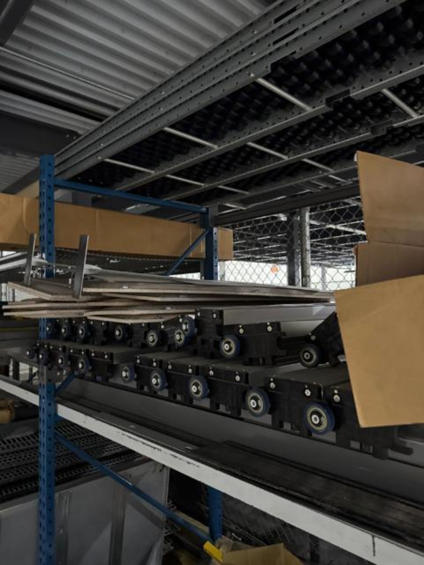 pallet racking, 4) sections, w/ contents- roller conveyor, shoe sorter parts, - Image 2 of 11