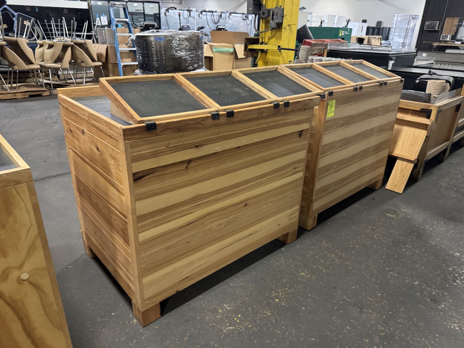 wooden dry produce display table w/ slanted shelves