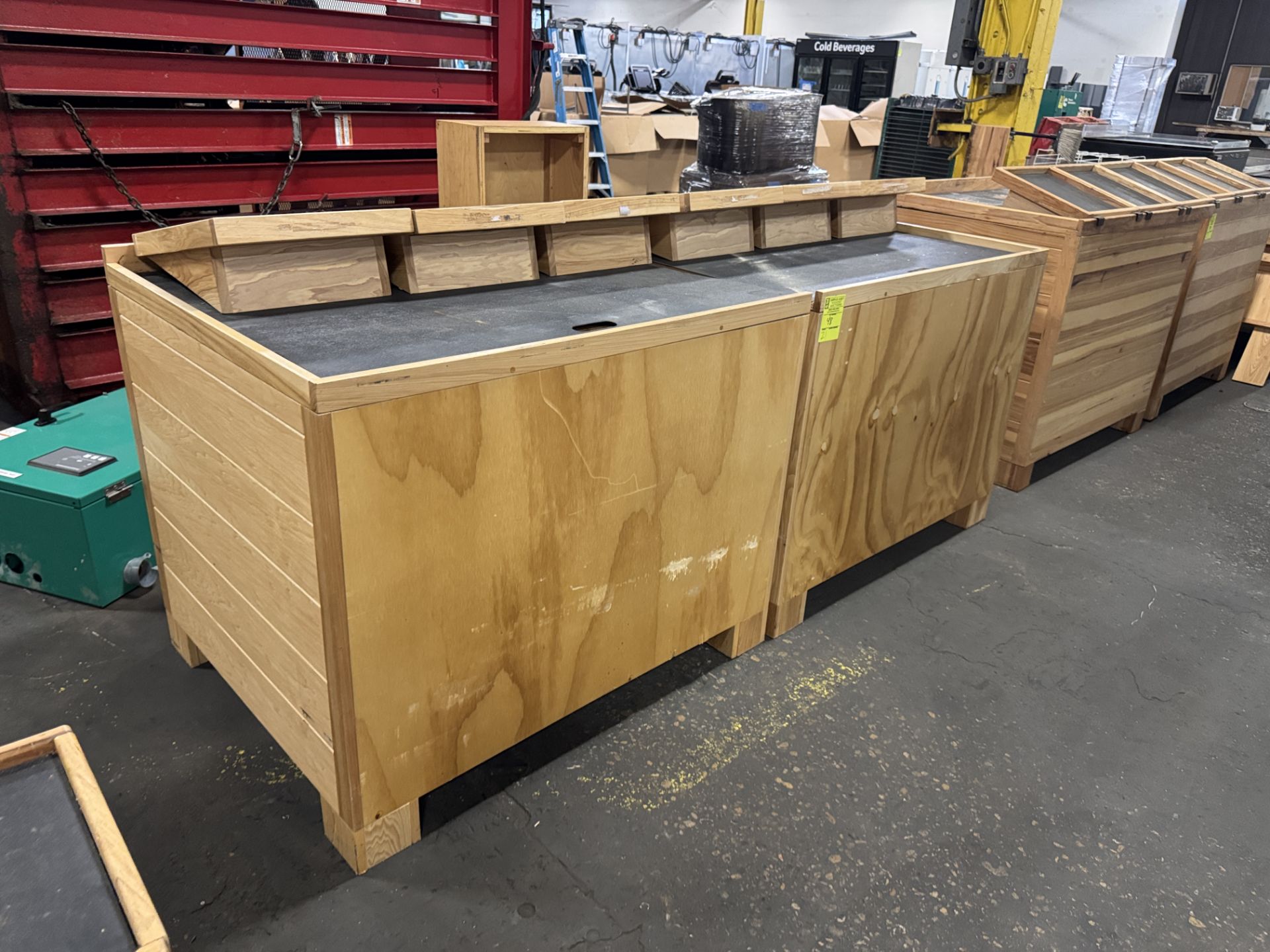 wooden dry produce display table w/ slanted shelves
