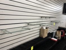 ASSORTED SIZED GLASS WALL SHELVES FOR SLAT WALL