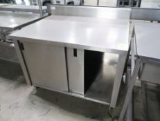 stainless table w/ backsplash and cabinet under