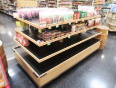 wooden 4-sided, tiered merchandising shelves