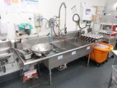 3-comp sink w/ R & L drainboards & pre-wash sprayer
