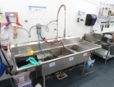 3-comp sink w/ R & L drainboards & pre-wash sprayer