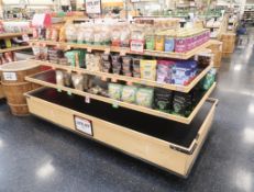 wooden 4-sided, tiered merchandising shelves