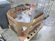 crate of misc. sheet pans, hotel pans, baguette pans,