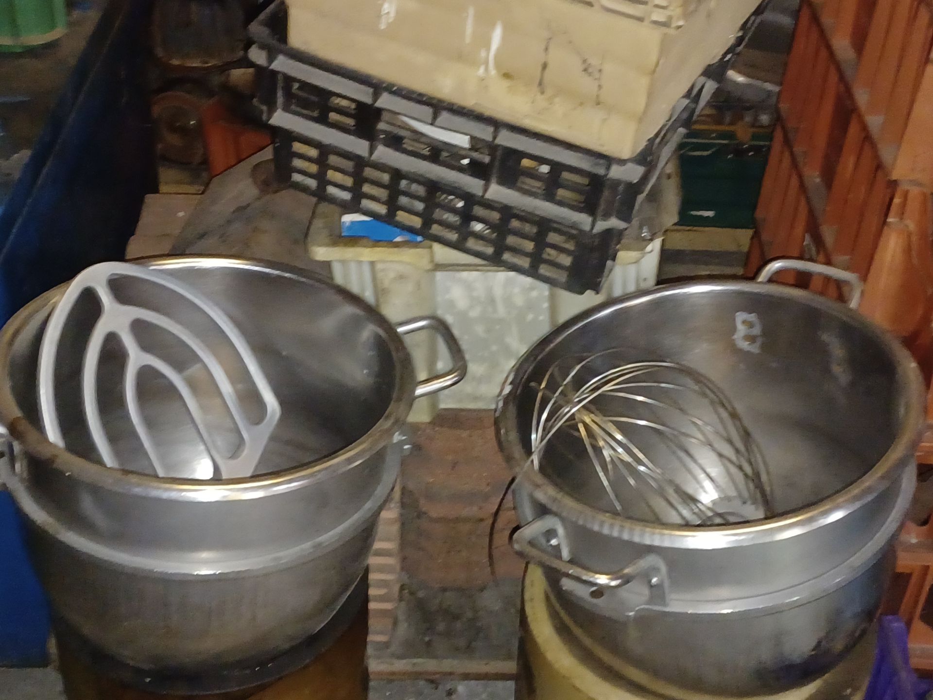 Two Hobart 30QRT Stainless Steel Bowls, with beater and whisk, dimensions approx. 16in. dia. (