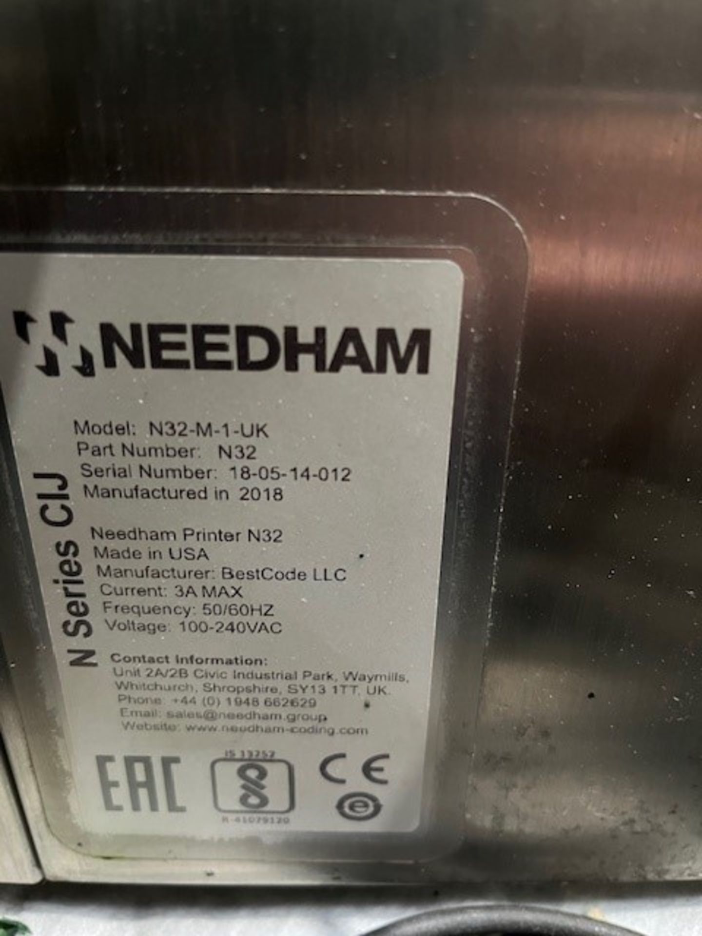 Needham N32- M-1 Continuous Inkjet Printer, year of manufacture 2018, can print on boxes and bags, - Image 2 of 3