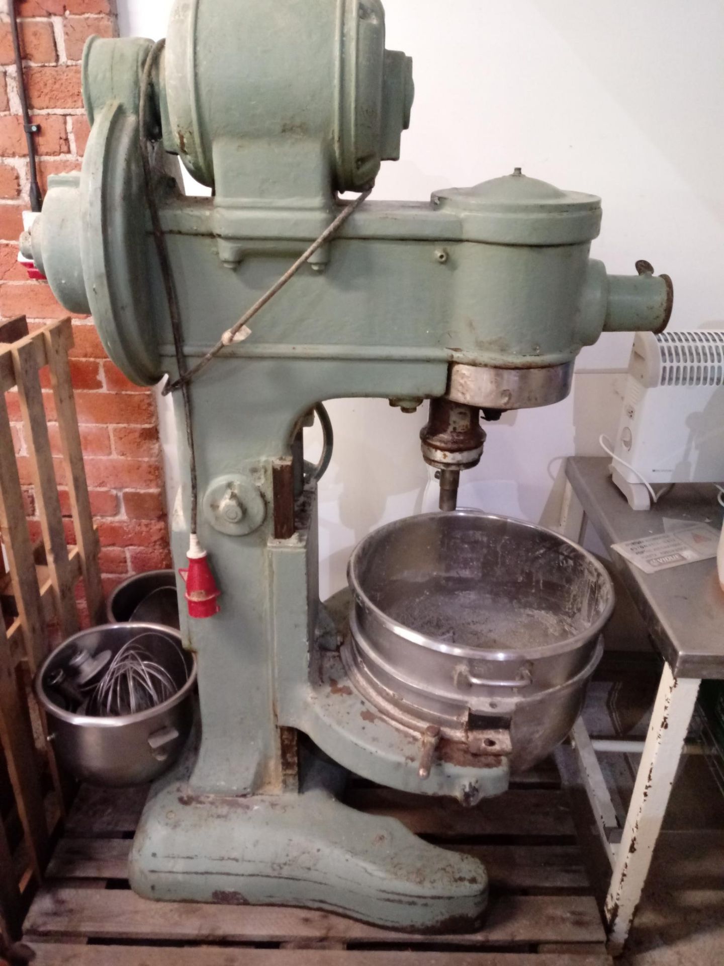 Hobart 80 QRT Green Universal Bakery Mixer, three phase, with bowl and beater, dimensions approx.