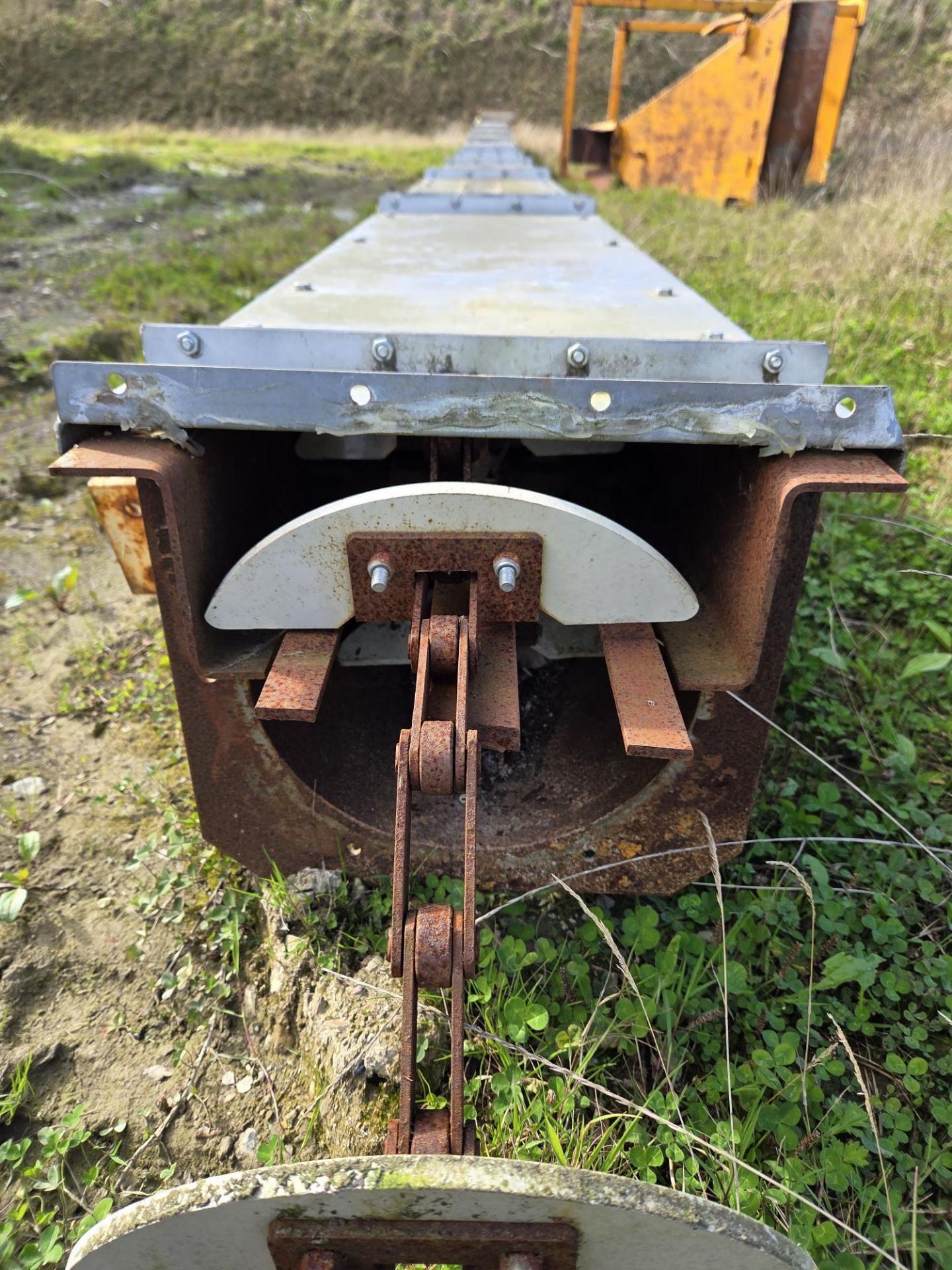 Chain and Flight Conveyor, with troughed case and approx. 300mm wide D shaped HDPE flights, total