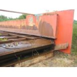 Bunker/ Feeder, approx. 2.8m wide x 12.5m long x 1.6m deep, on short support legs and gearbox (no