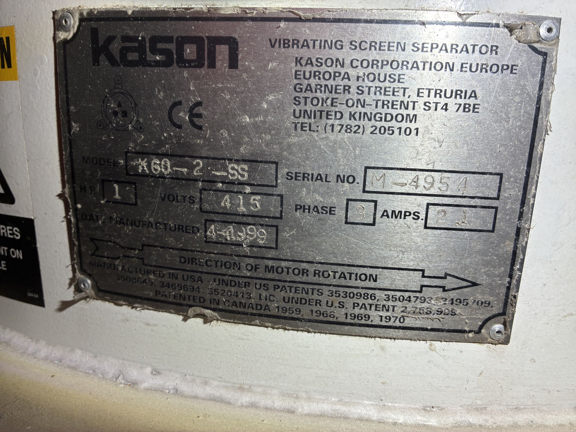 Kason K60-2-SS Vibrating Screen Separator, serial no. M4954, year of manufacture 1999, 415V, three - Image 5 of 6