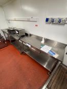Three Stainless Steel Mobile Benches, two approx. 1.5m x 1m, one approx. 1m x 1m Please read the