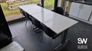 Two White Veneered Canteen Tables and Six Black Plastic Backed Chairs ***Overseas buyers - All