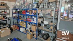 Five Bays of Racking and Contents, including Motors, Fixtures and Fittings, electrical componants,