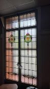 Multi-Panel Stained Leaded Glass Two Door Window, approx. 1.2m x 2.9m high, with Masonic features