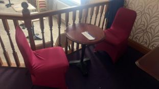 Circular Wooden Top Table, with two stackable venue chairs Please note - No VAT on hammer price (VAT