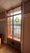 Multi-Panel Stained Leaded Glass Two Door Window, approx. 1.2m long x 2.9m high, with Masonic