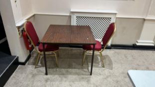 Square Top Table, with two matching stackable venue chairs Please note - No VAT on hammer price (VAT
