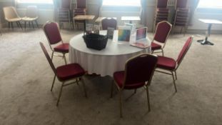 Circular Top Venue Table, with six matching stackable venue chairs Please note - No VAT on hammer
