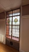 Multi-Panel Stained Leaded Glass Two Door Window, approx. 1.2m long x 2.9m high, with Masonic