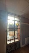 Multi-Panel Stained Leaded Glass Two Door Window, approx. 1.2m long x 2.9m high, with Masonic