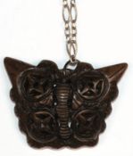 Schmetterling-Anhänger an 835er Silber-Kette, braune Jade, durchbrochen gearbeitet, Anhänger 3,3x4,