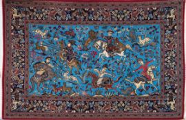 Ghom, Iran, hellgrundig, mit vielfiguriger Jagdszene, roter Rand, eine Seite ohne Fransen, 170x105