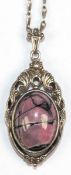 Anhänger mit Kette, 835er Silber, Anhänger mit rosa marmoriertem Schmucksteincabochon in durchbroch