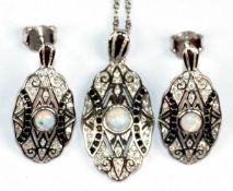 Kette mit Anhänger und Ohrstecker, 925er Silber, schwarze und weiße Zirkonia, Opal, Kettenlänge ca.