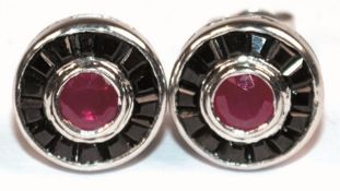 Ohrstecker, 925er Silber, Rubine ca. 0,60 ct., Onyx ca. 1,7 ct., Durchmesser ca. 9 mm