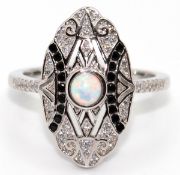 Ring, 925er Silber, schwarze und weiße Zirkonia, Opal, RG 59, Innendurchmesser 18,8 mm