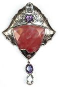 Großer Anhänger, 925er Silber, ca. 48,2 g, Amethyste, Chrysoberyll, Blautopase, Maße ca. 9,0 x 6,2