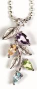 Kette mit Anhänger, 925er Silber, rhodiniert, Anhänger ca. 2,7 cm Länge, besetzt mit Blautopas, Per