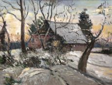 Huys, Bernhard (1896 Oesede-1973 Worpswede) "Winterlandschaft im Abendlicht", Öl/ Karton, sign. u.r