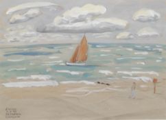 Morell, Pit (1939 Kassel) Segler vor Küste", Aquarell/ Bleistift, sign. u.l. und dat. 2.8.88, 22x30