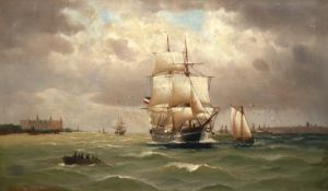 Jensen, Alfred Prof. (1859 Randers-1935 Hamburg) "Segelschiff vor dem Hintergrund des Schloßes Kron