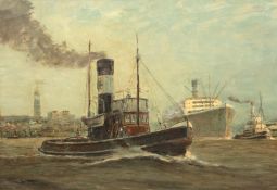 Deutscher Maler 20. Jh. "Blick auf den Hamburger Hafen mit Dampfschlepper und im Hintergrund die Si