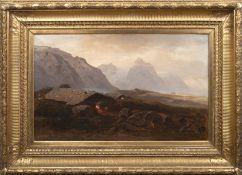 Schleich, Eduard (1853 München-1893 ebenda) "Alpenlandschaft mit Hütte", Öl/ Lw., sign. u.l., 44x74