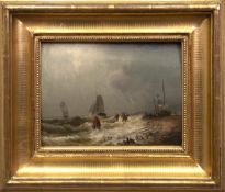 Maler um 1900 "Fischer mit ihren Booten bei aufgewühlter See", Öl/ Holz, Platte gewölbt, undeutl. s