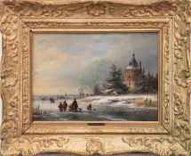 Holländische Schule 19. Jh. "Wintervergnügen auf dem Eis", Öl/ Holz, unsign., rückseitig Etikett "p